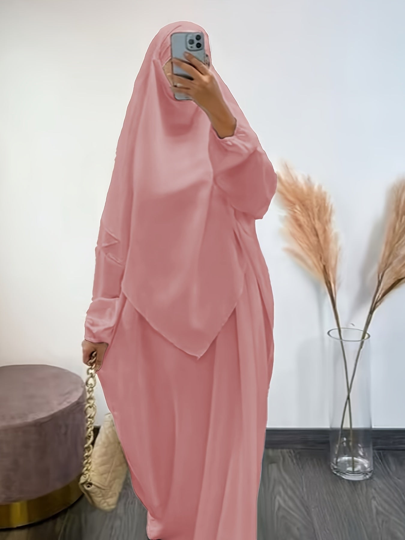 Solid Color Simple Modest Dress, Elegant Long Sleeve Maxi Dress With Hijab, /MH