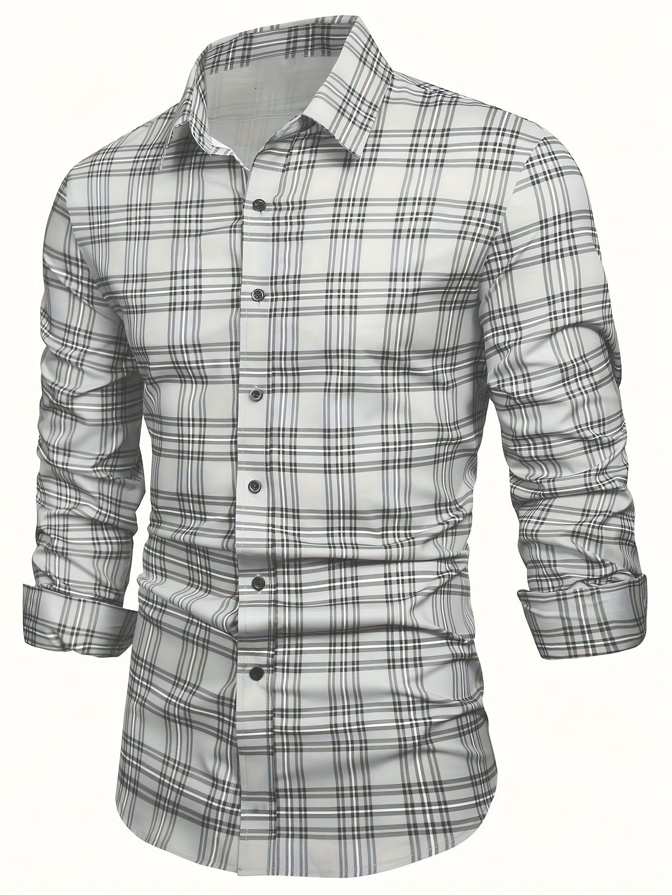 Classic Plaid Pattern Print Men's Lapel Collar Design Dress Shirts,