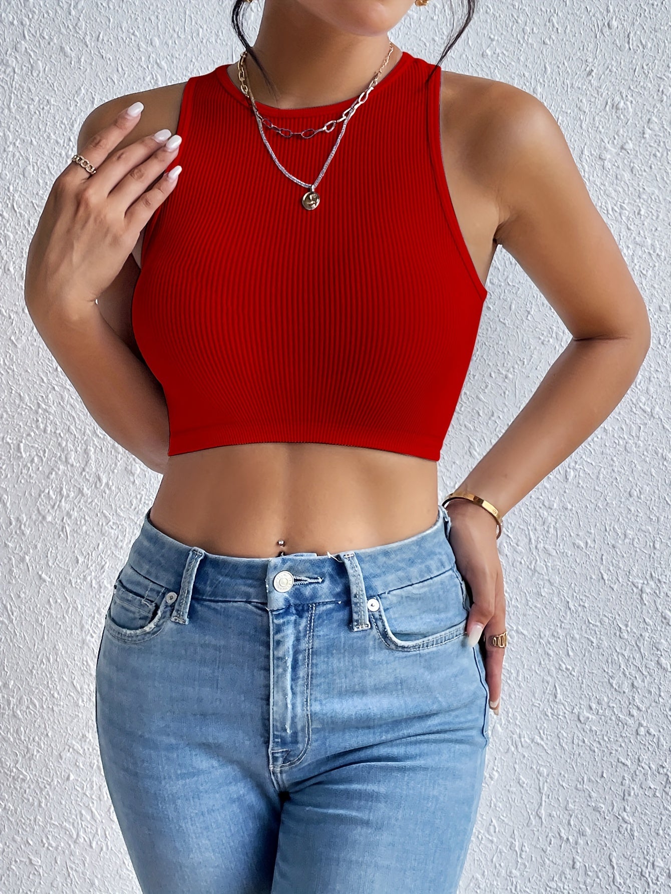 Solid Ribbed Crop Tank Top, Casual Sleeveless Basic Summer Top, Women's Clothing
