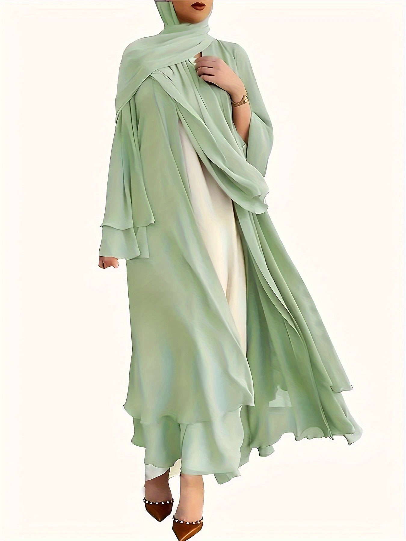 Solid Color Tie Waist Modest Dress, Elegant Layered Hem Maxi '/MH
