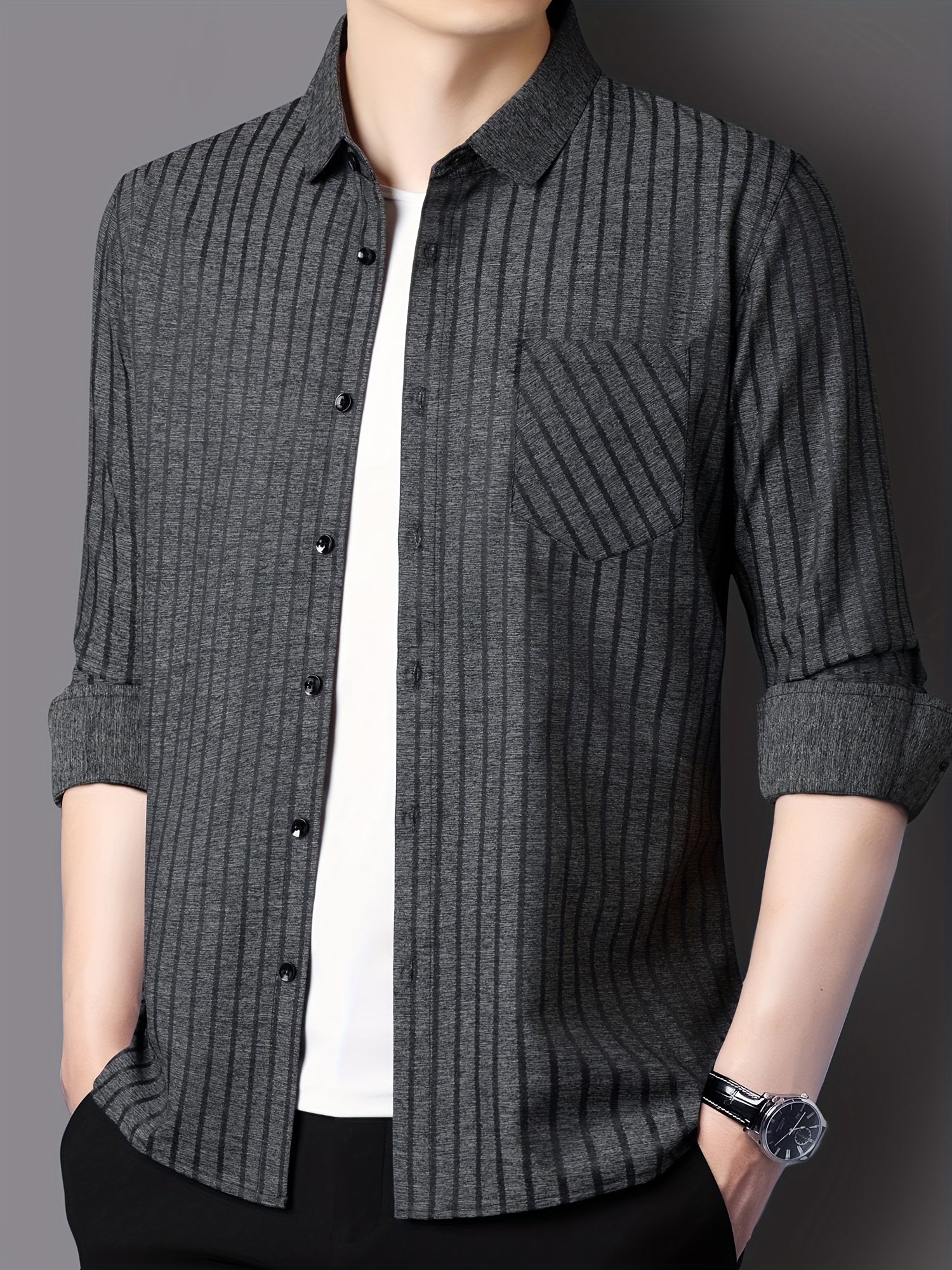 Men's Striped Lapel Collar Design Dress Shirts, Long Sleeve.