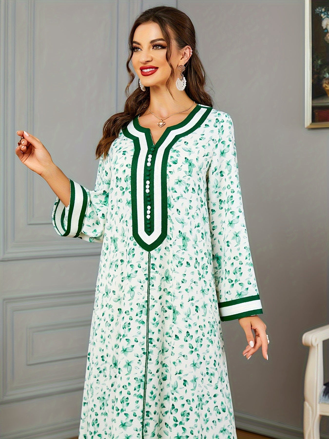 Floral Print Notch Neck Kaftan, Elegant Long Sleeve Maxi women fashion ;/MH