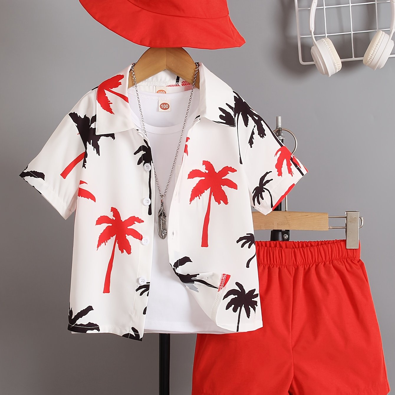 3pcs Boys Casual Coconut Tree Graphic Print Short Sleeve.