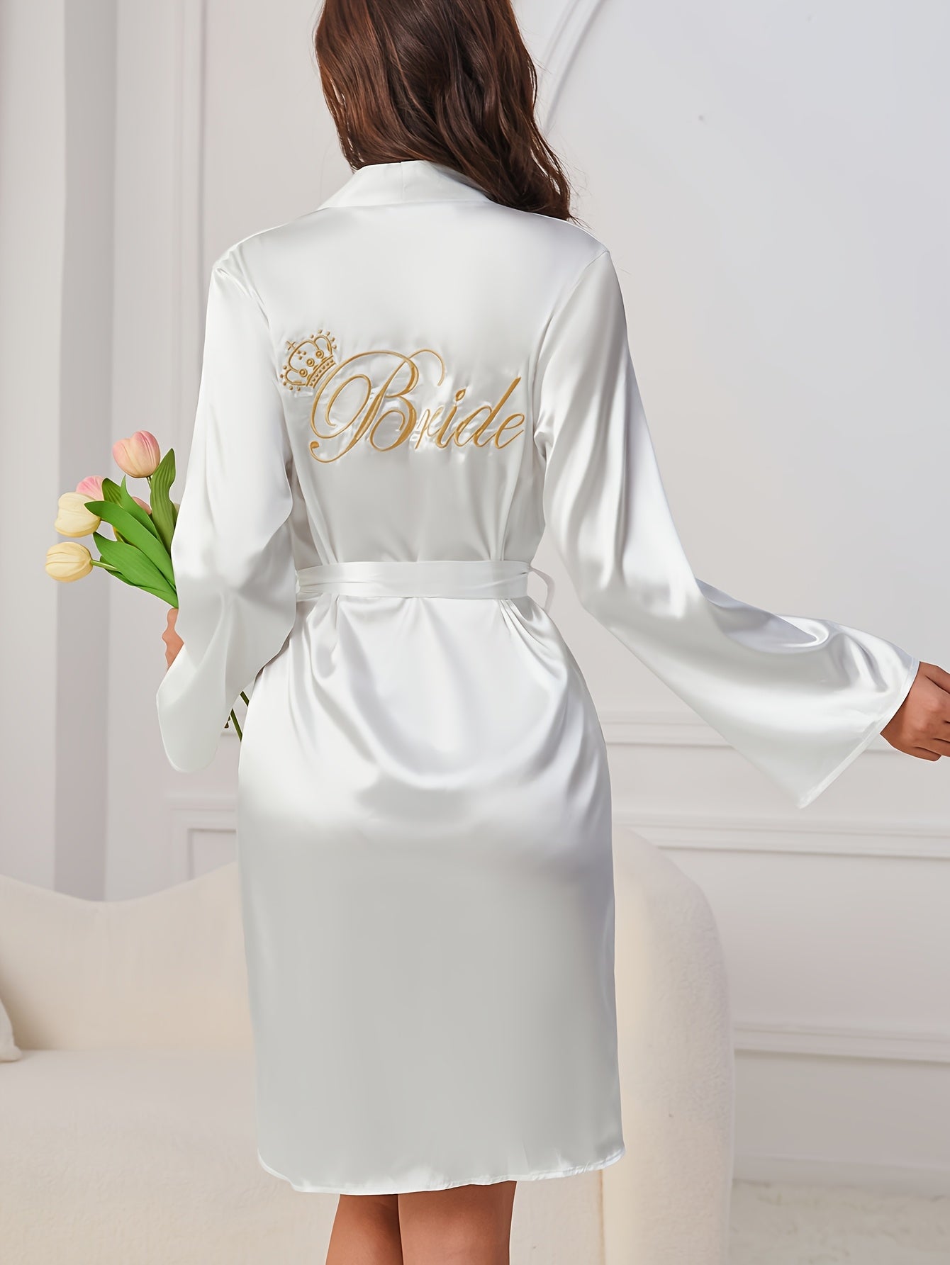 Elegant White Satin Robe for Women with Golden "BRIDE" Embroidery - V-Neck