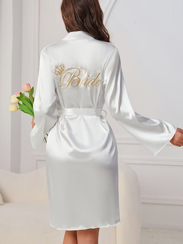 Elegant White Satin Robe for Women with Golden "BRIDE" Embroidery - V-Neck