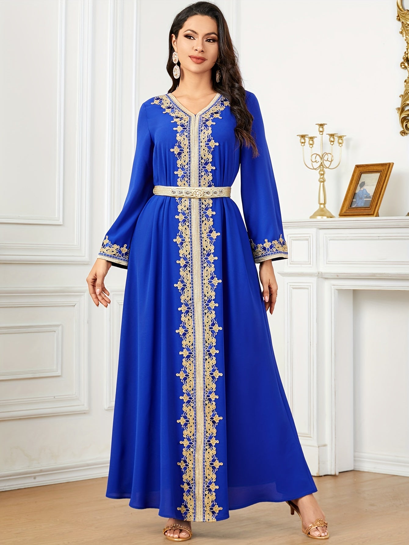 Contrast Lace V-neck Kaftan Dress, Elegant Long Sleeve'/MH
