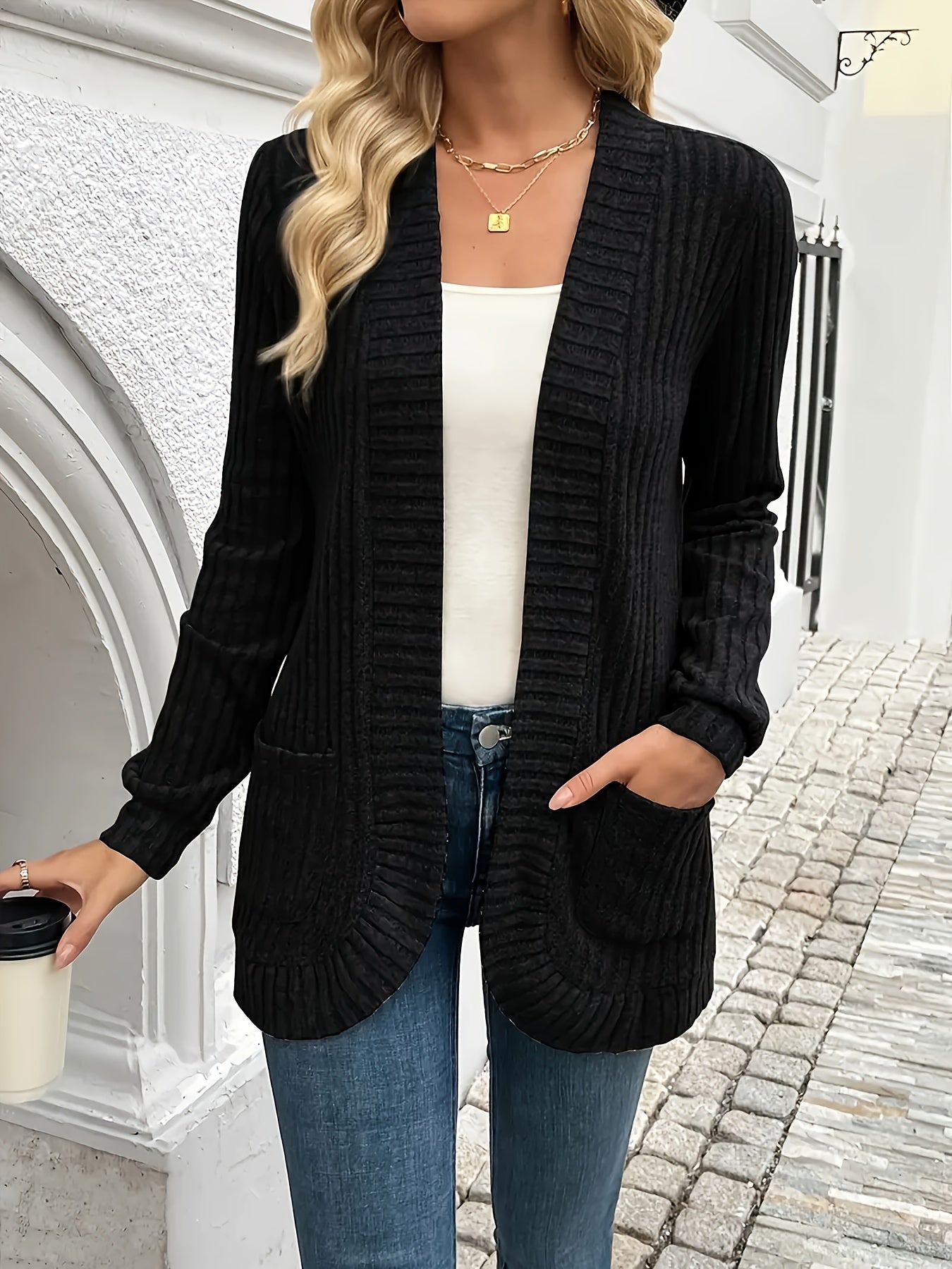 1pc Women'S Solid Color Polyester Cardigan Jacket with Pockets,
