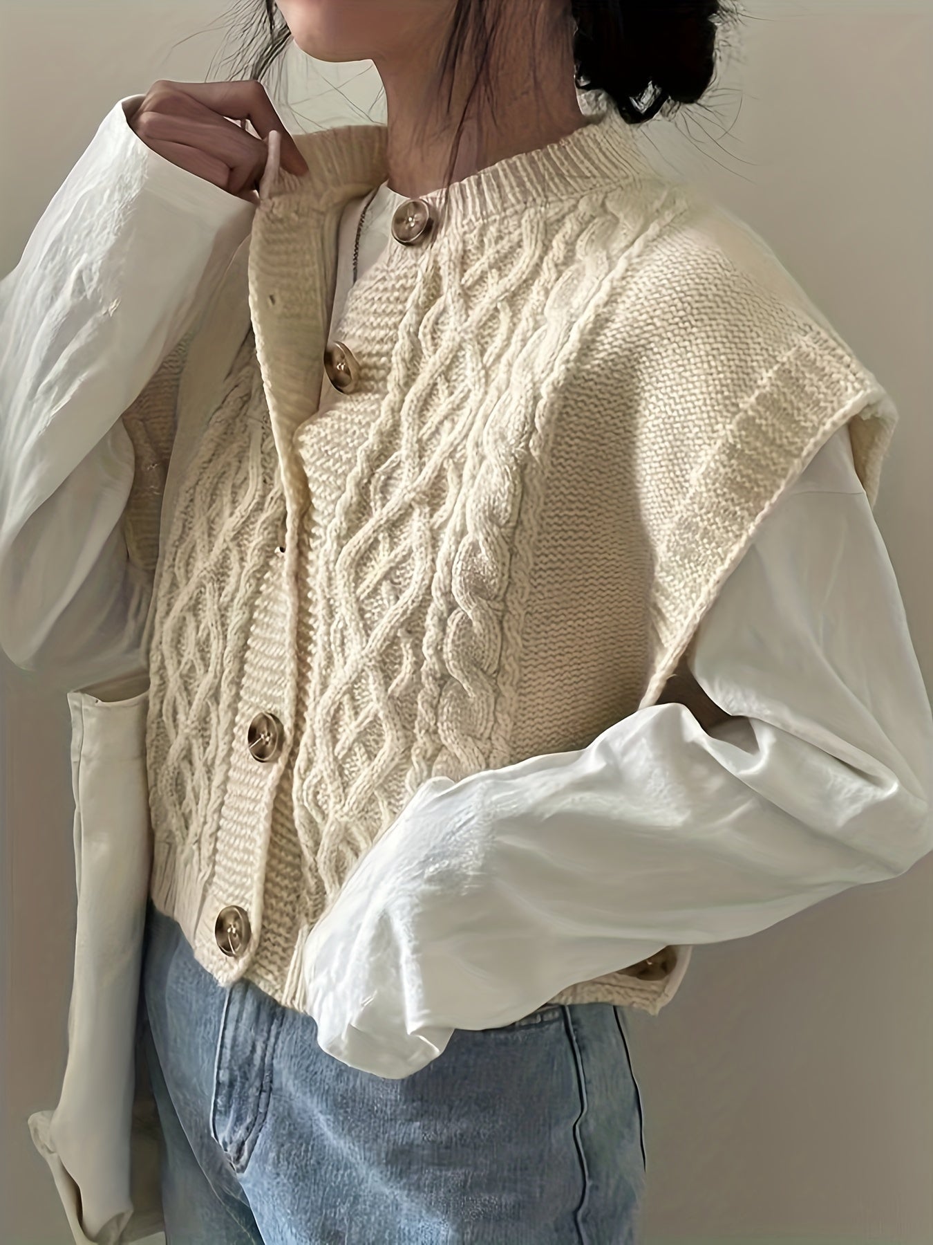 Front Knitted Vest Sweater, Casual Crew Neck Sleeveless Sweater.