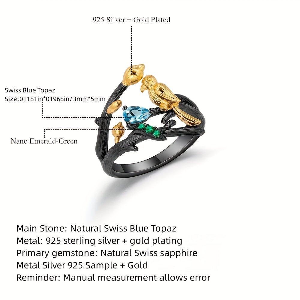 Men's Retro Ring, 925 Silver Natural Gemstone Ring With Bird Design, For Daily Wear, For Banquet Party Holiday Birthday Anniversary Gift