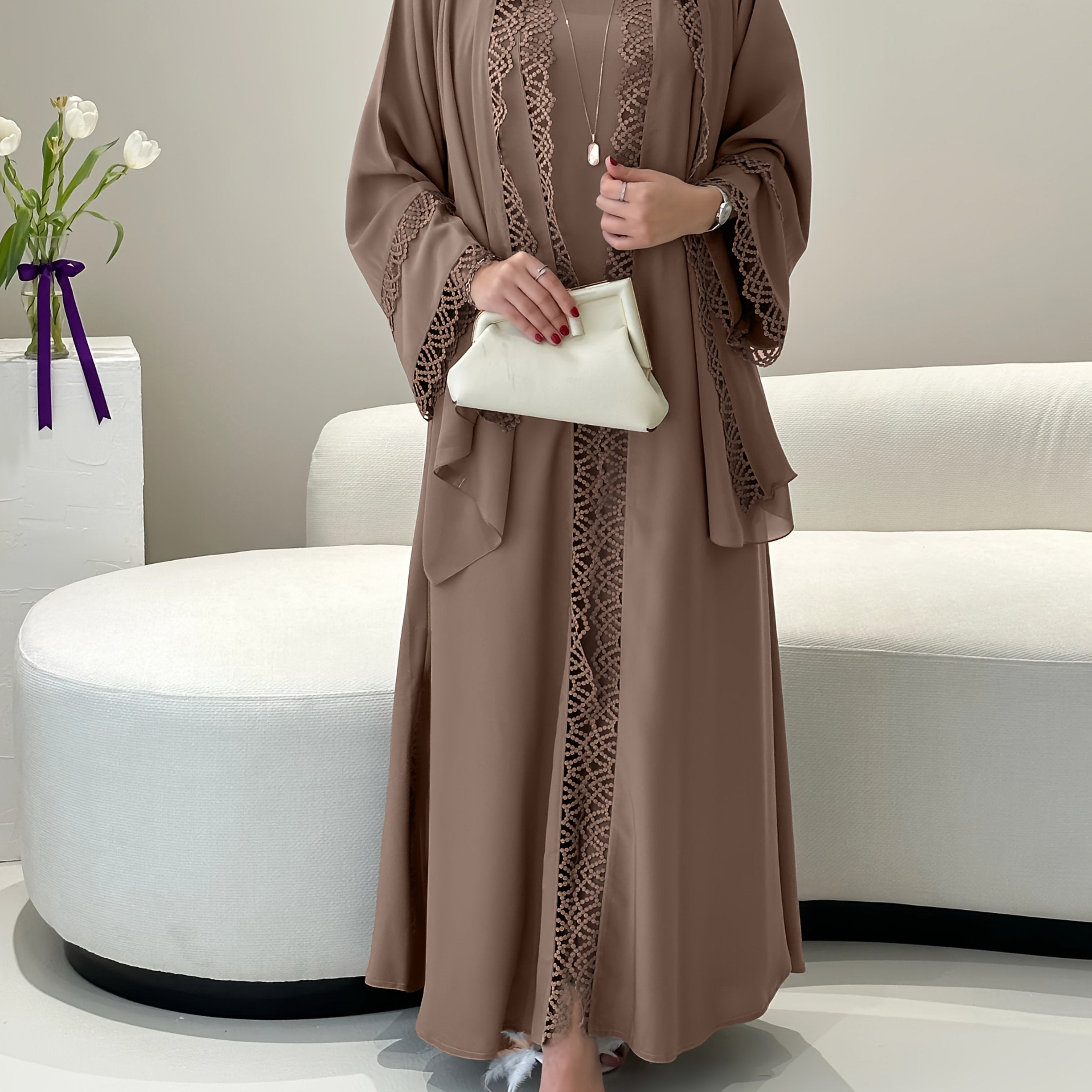 2pcs Set with Lace Trim Muslim Kaftan Plus Sleeveless Vest Skirt, / MH