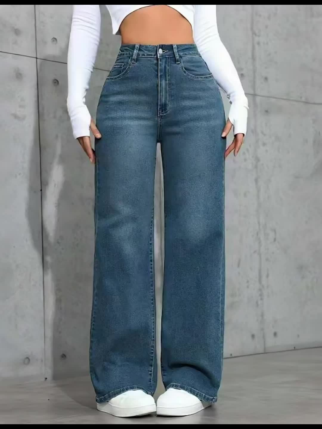 Fashion versatile blue high-waisted stretchy loose straight-leg Women's denim trousers./MH