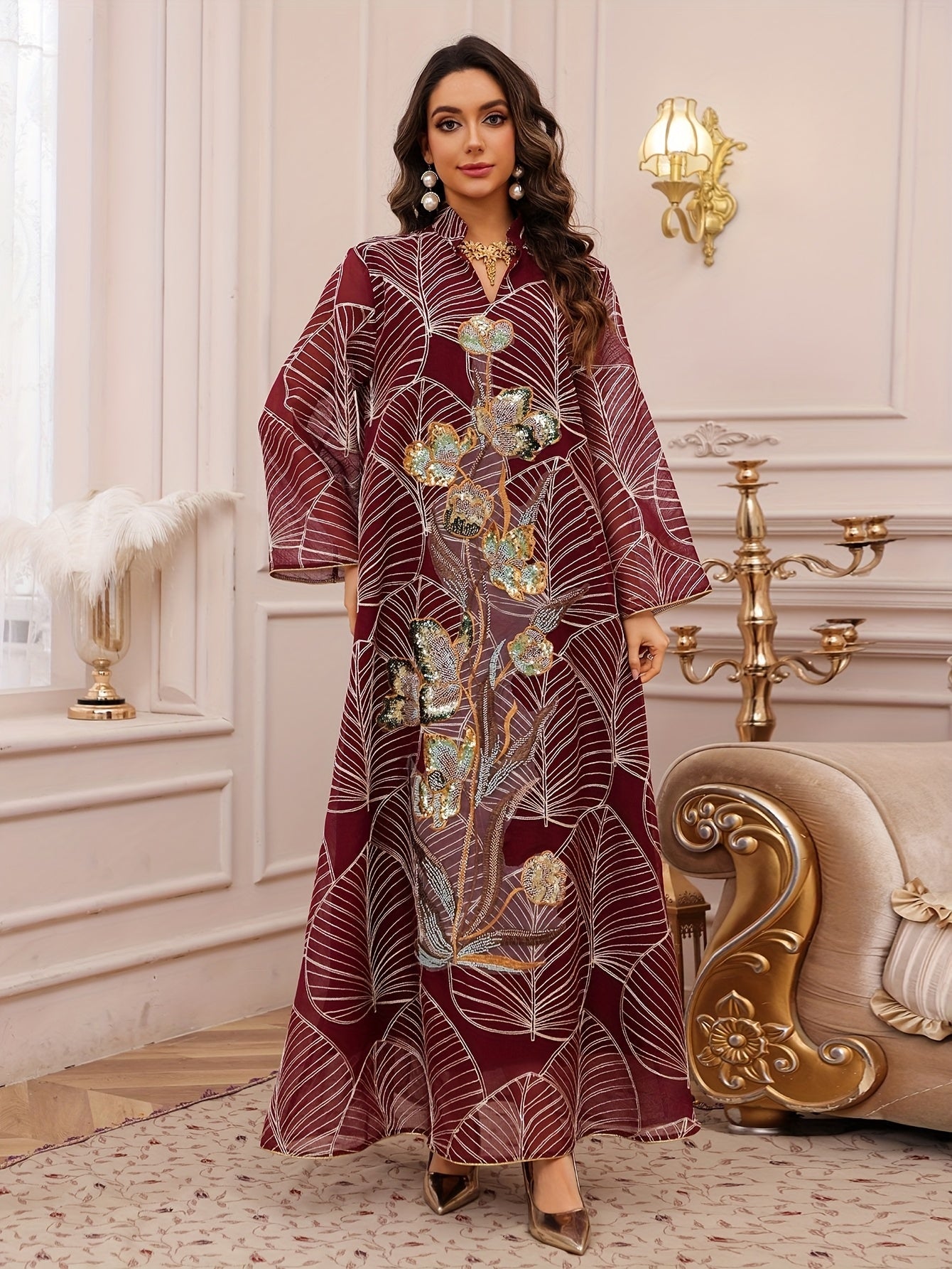 Elegant Women'S Sequin Mesh Kaftan Dress - Long Sleeve,/MH