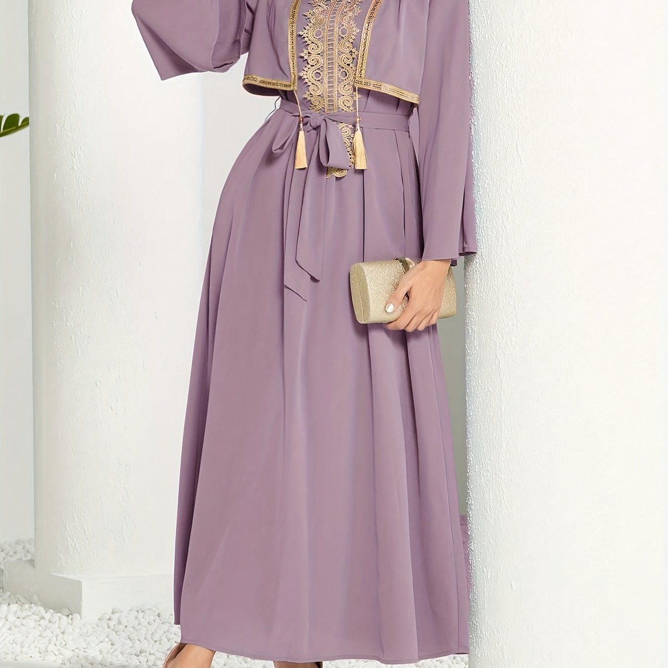 2 In 1 Lace Trim V-neck Kaftan Dress, /MH