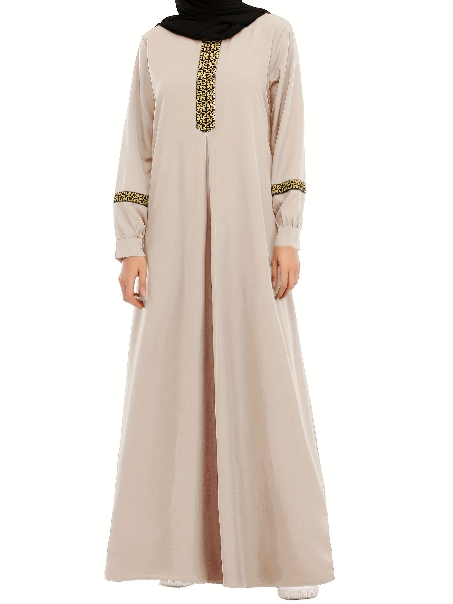 Contrast Trim Kaftan, Elegant Long Sleeve Maxi Length Dress, /MH
