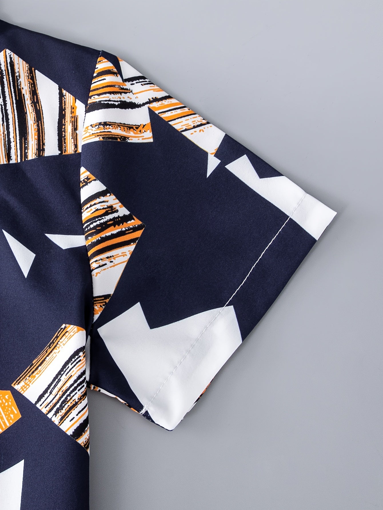 Boy's Creative Geo Color Block Stand Collar Button Down Shirt,