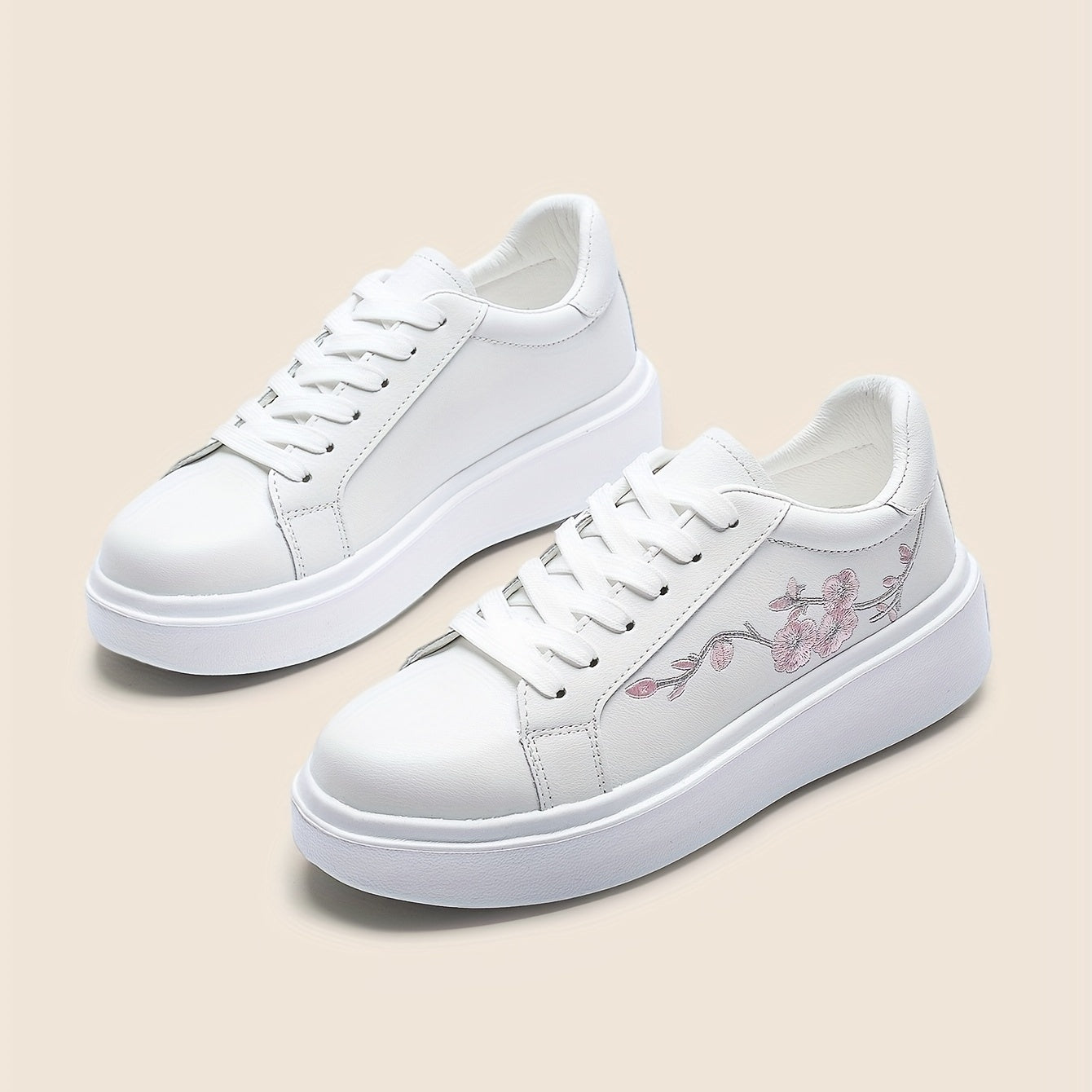 Women's White Low-Top Lace-Up Sneakers with Floral Embroidery,