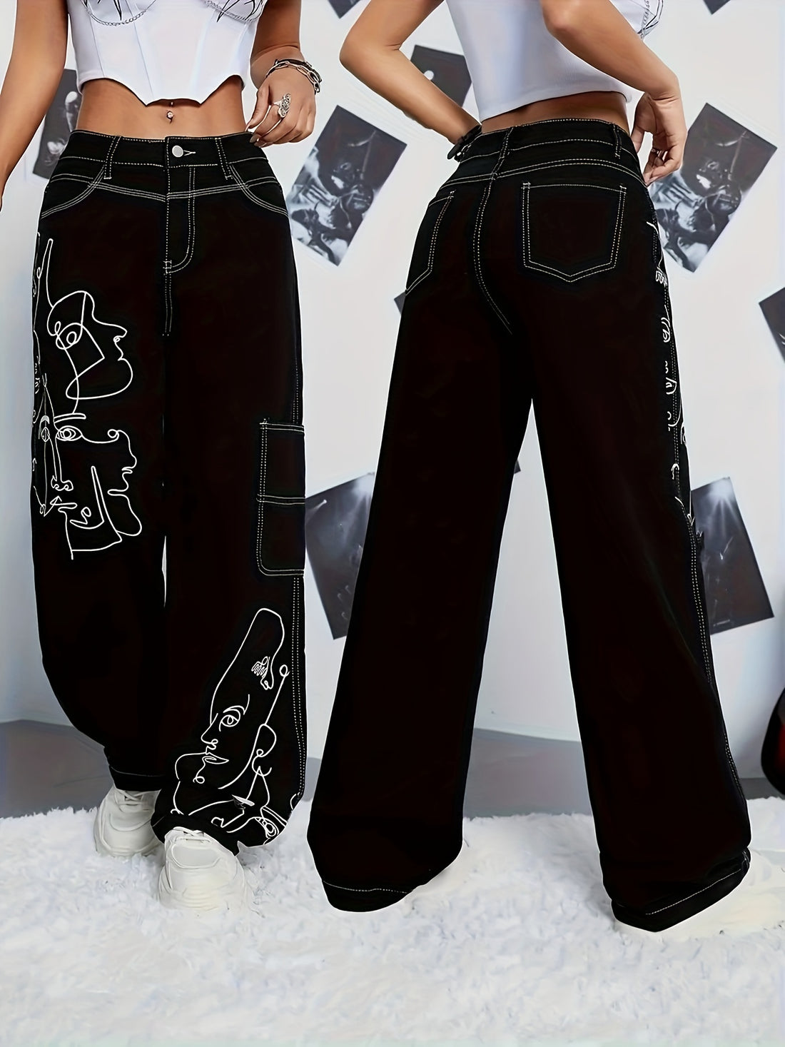 Y2K Style Abstract Cartoon Face Print Patchwork Cargo Denim Jeans,/MH