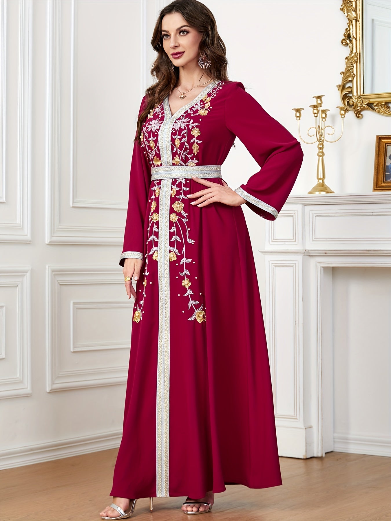 Ramadan Beaded Floral Pattern Kaftan, Elegant Long Sleeve 'MH