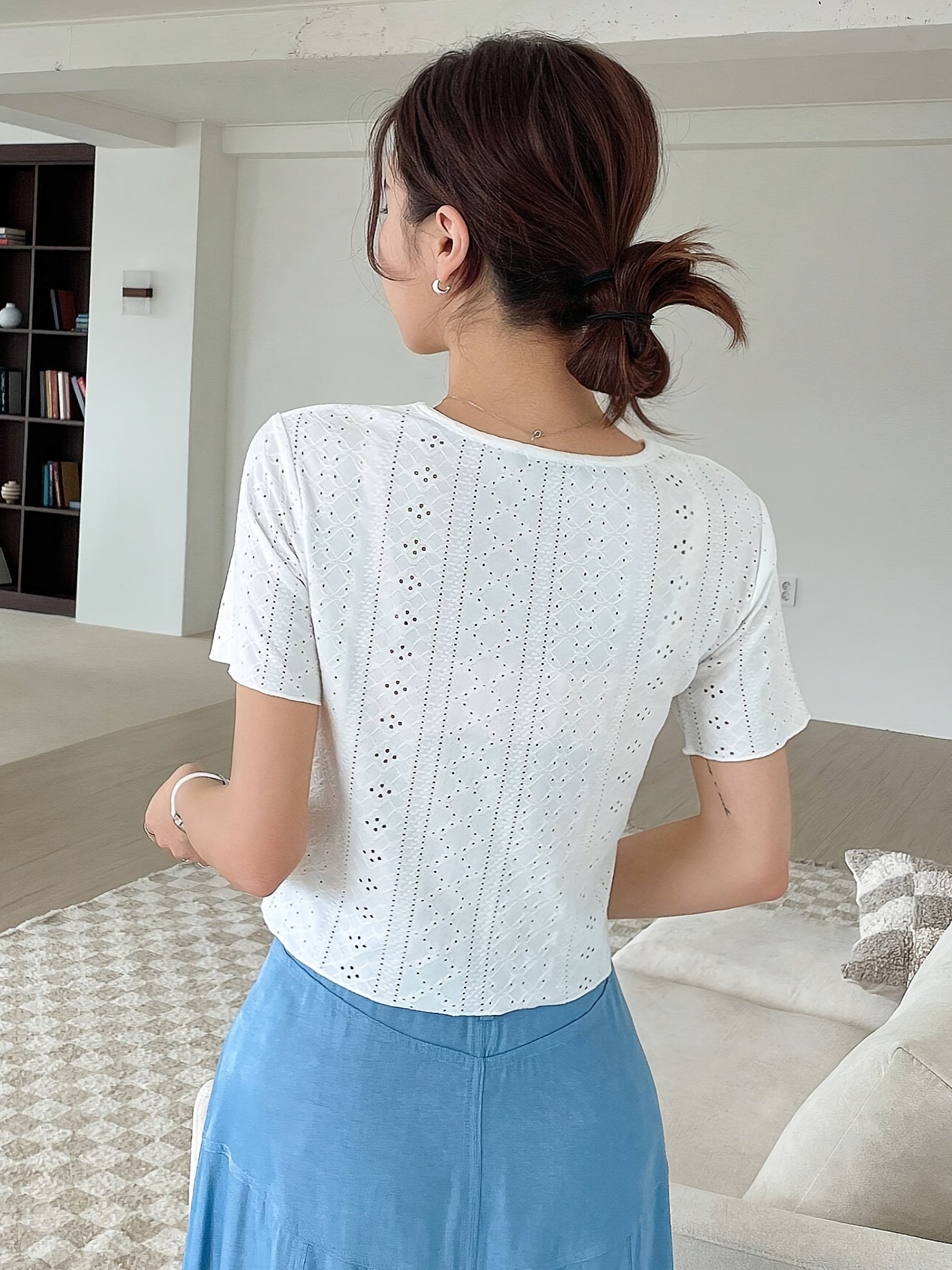Eyelet Embroidery T-Shirt, Short Sleeve Crew Neck Summer Casual Top, Women's Clothing