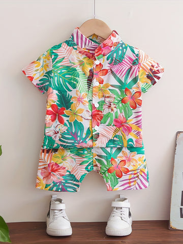 Boys Leaf And Flower Print Casual Outfit Short Sleeves .