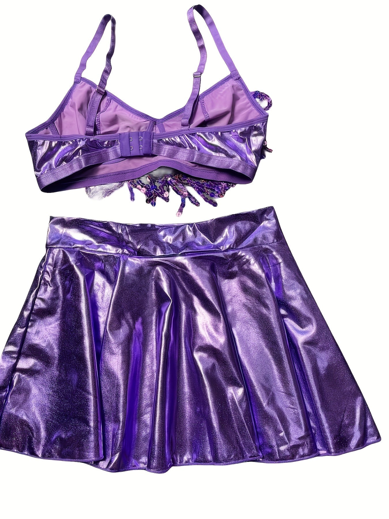 Solid PU Lingerie Set, Sequin Tassel Bra & Skirt & Thong, /MH