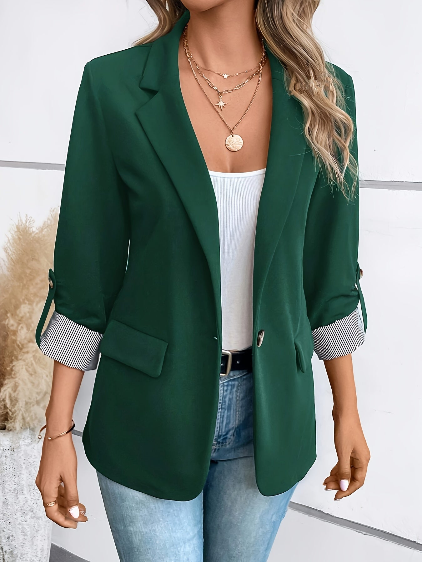 Single-Breasted Label Neck Blazer, Elegant Long Sleeve Blazer.