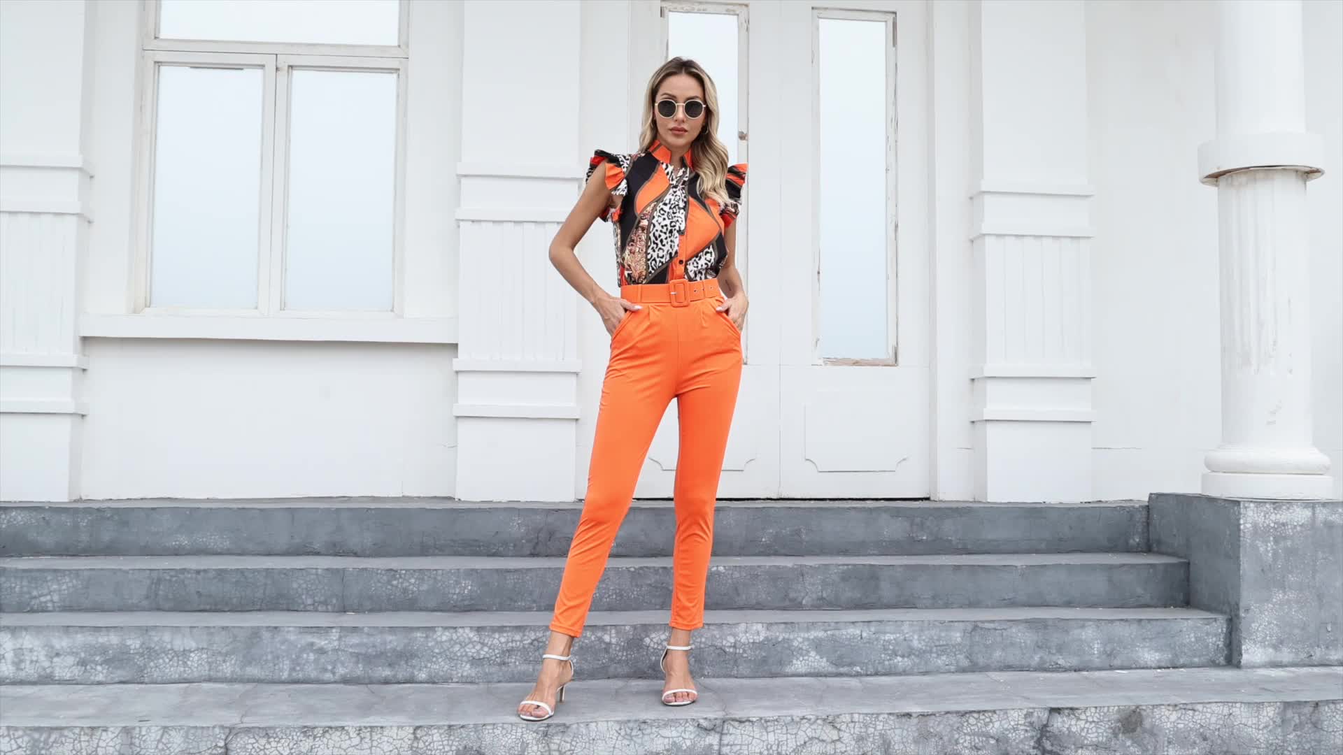 Leopard Print Colorblock Two-piece Set,