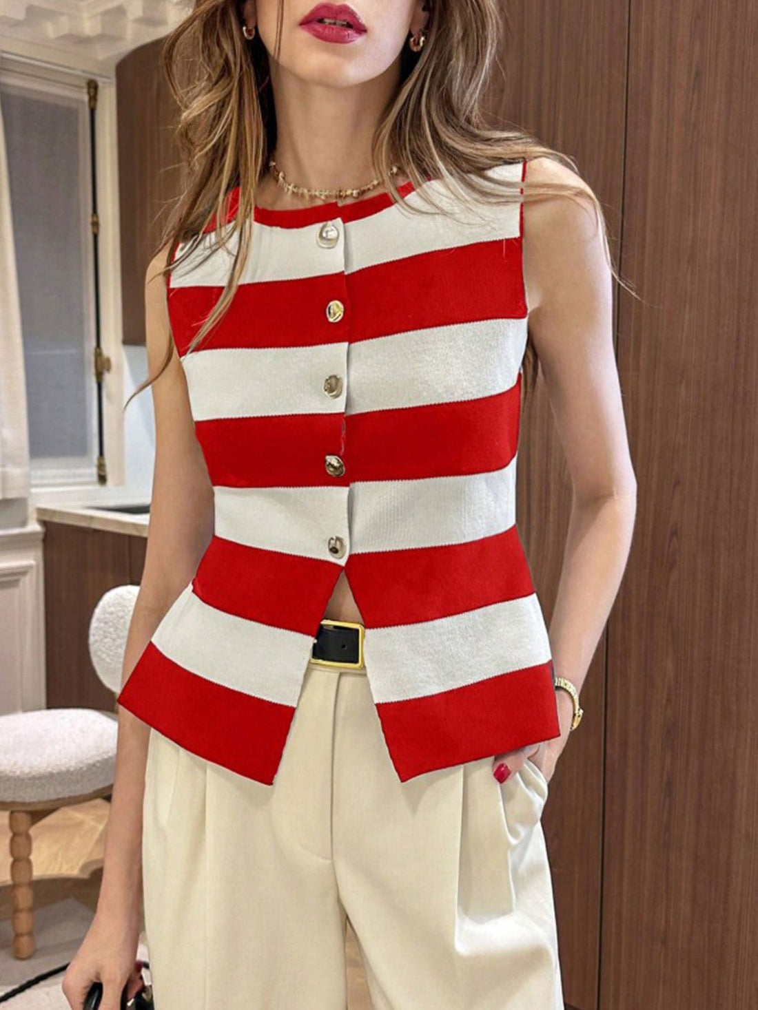 Women'S Navy & White Horizontal Stripe Button-Front Cardigan .