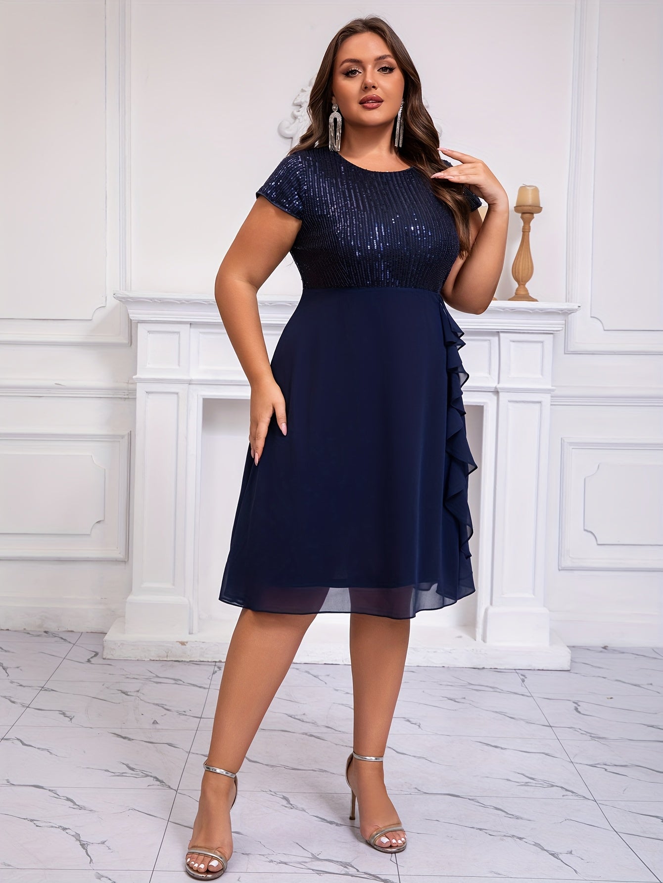 Women'S Plus-Size Chiffon Dress with Sequin Patchwork
