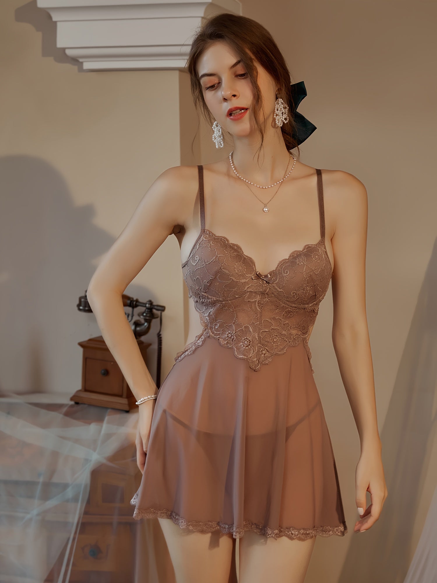 Hot Contrast Lace Dress, V Neck Backless Hollow Out Babydoll, /MH