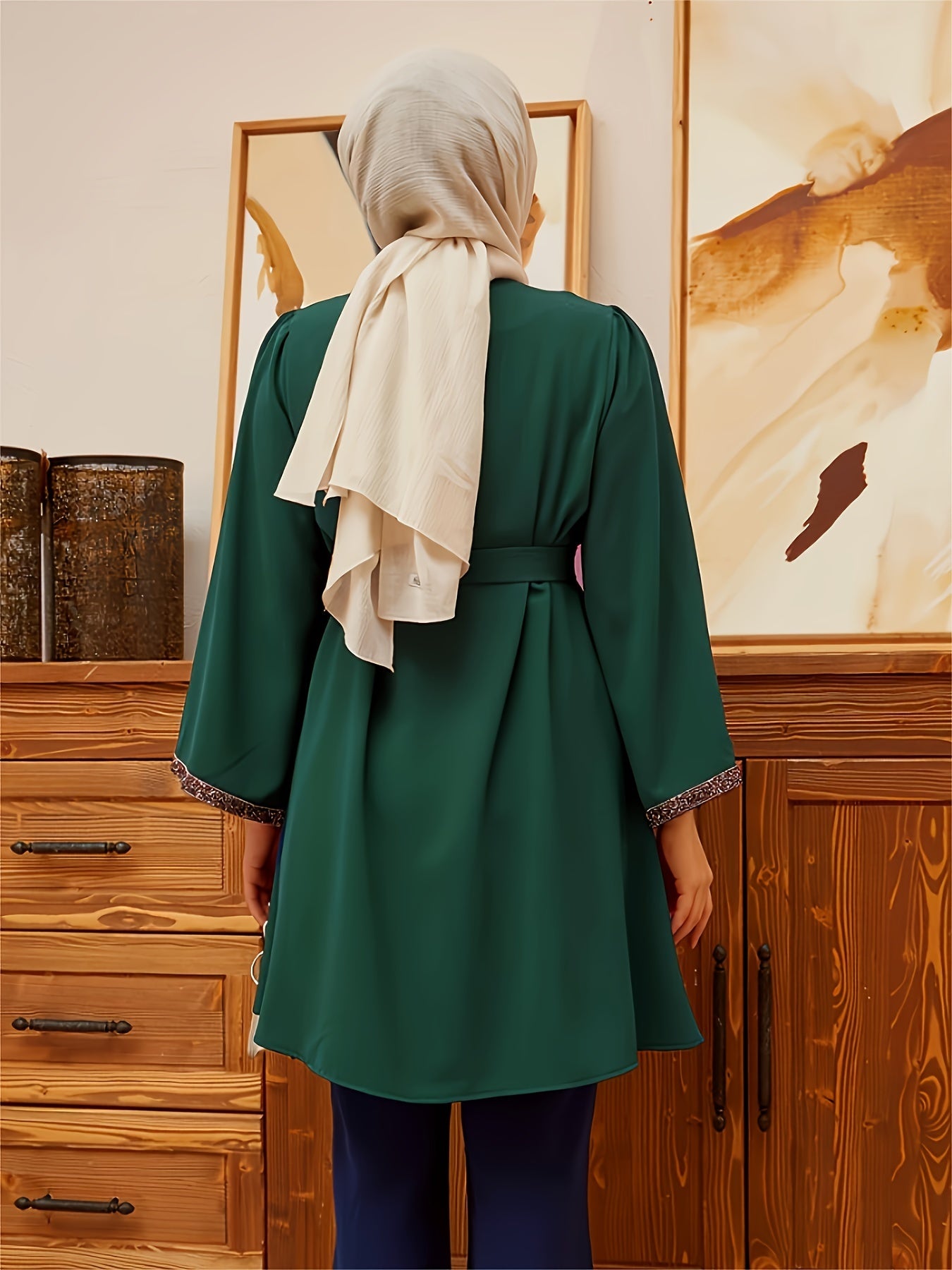 Contrast Trim Belted Button Front Kaftan Shirt, /MH