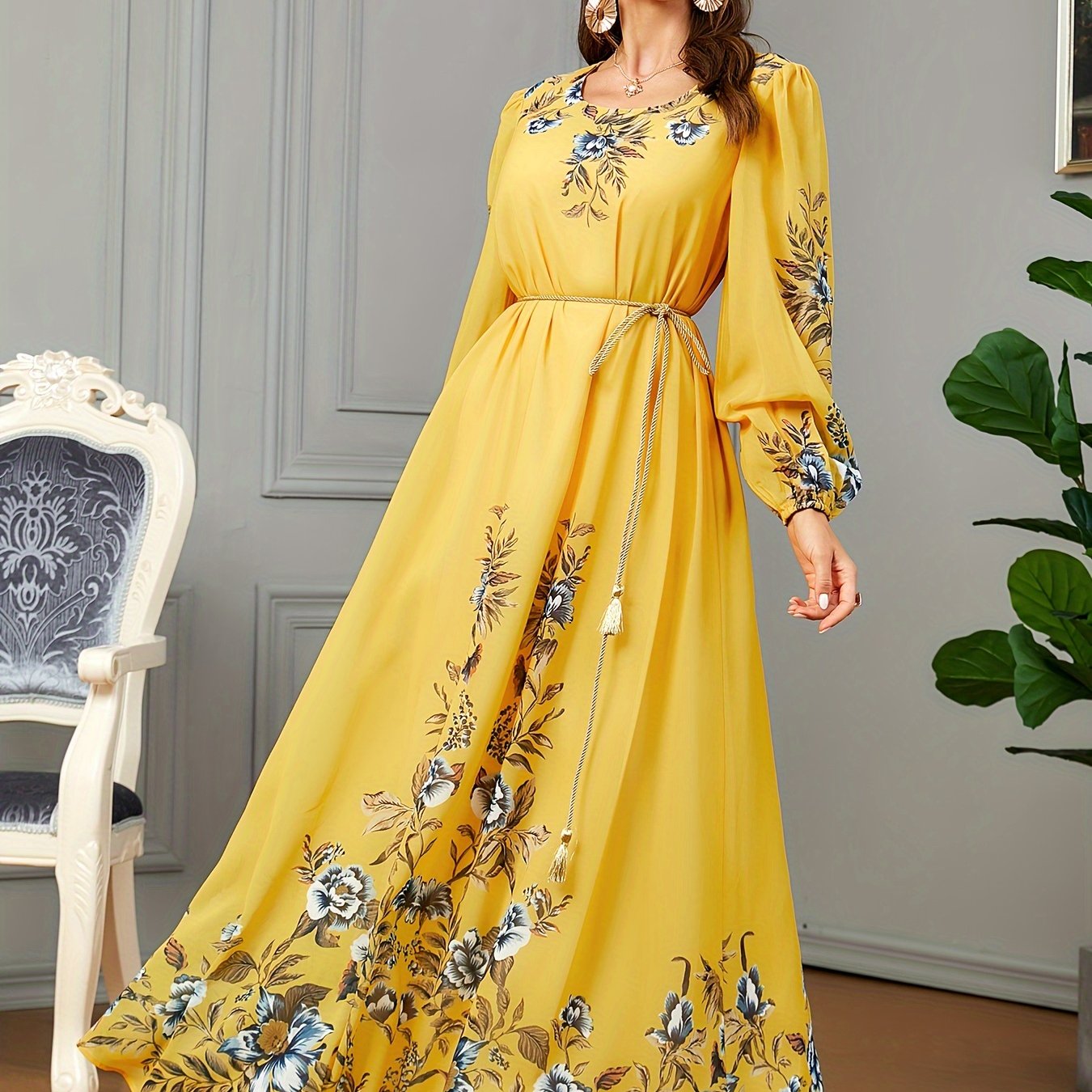 Floral Print Long Sleeve Kaftan Dress, women fashion'/MH