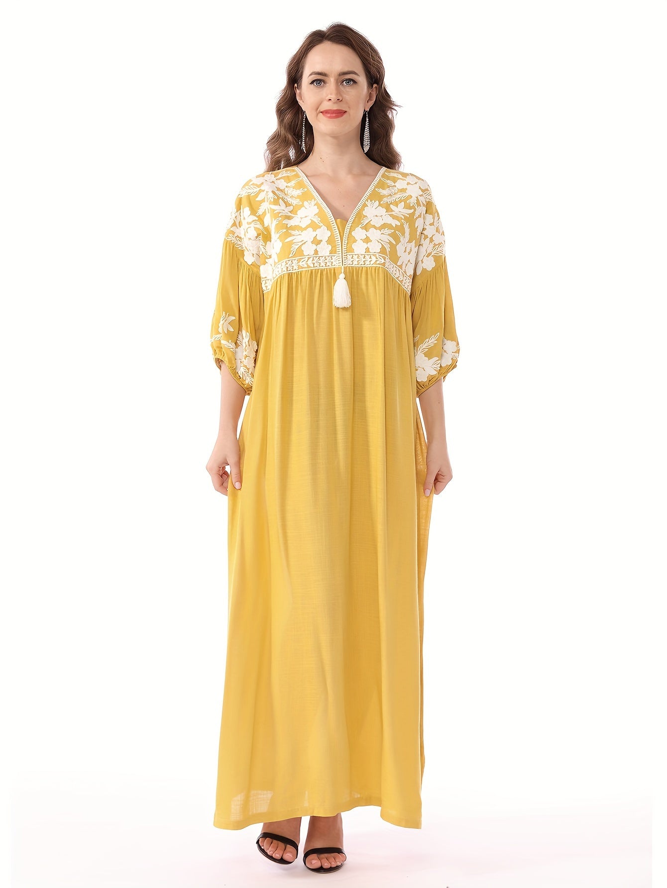 Themed Green Dress with White Floral Embroidery - ./MH