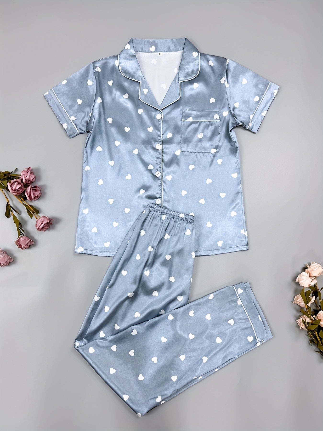 Heart Print Pajama Set, Short Sleeve Buttons Top & Elastic Waistband Pants,