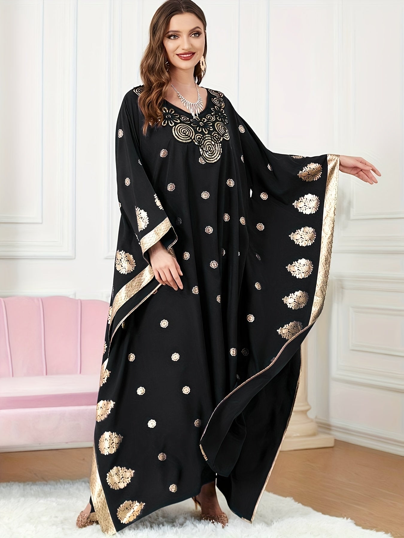 Graphic Print Batwing Sleeve Kaftan Dress, /MH