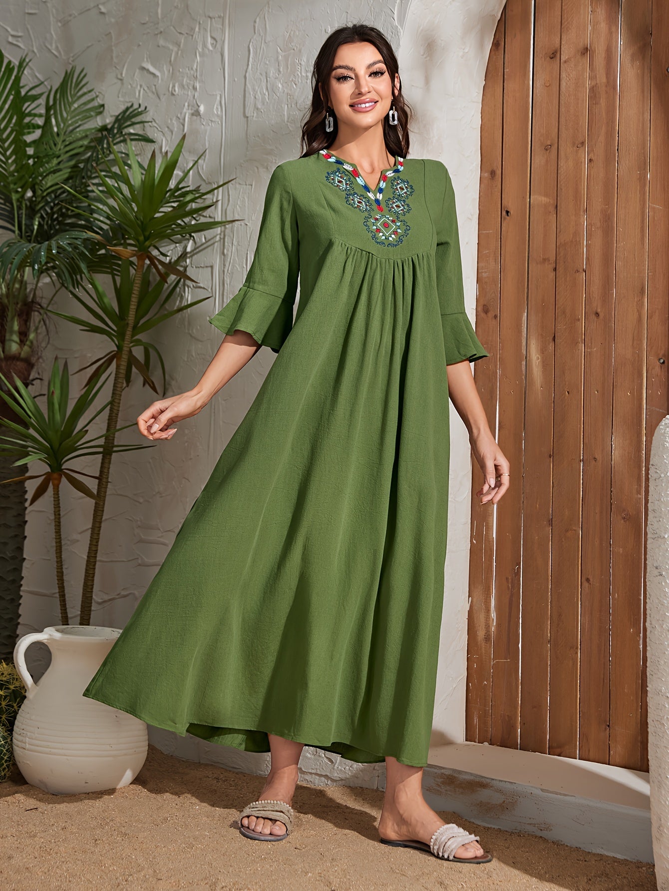 Embroidered V Neck Kaftan Dress, Elegant Half Sleeve .MH