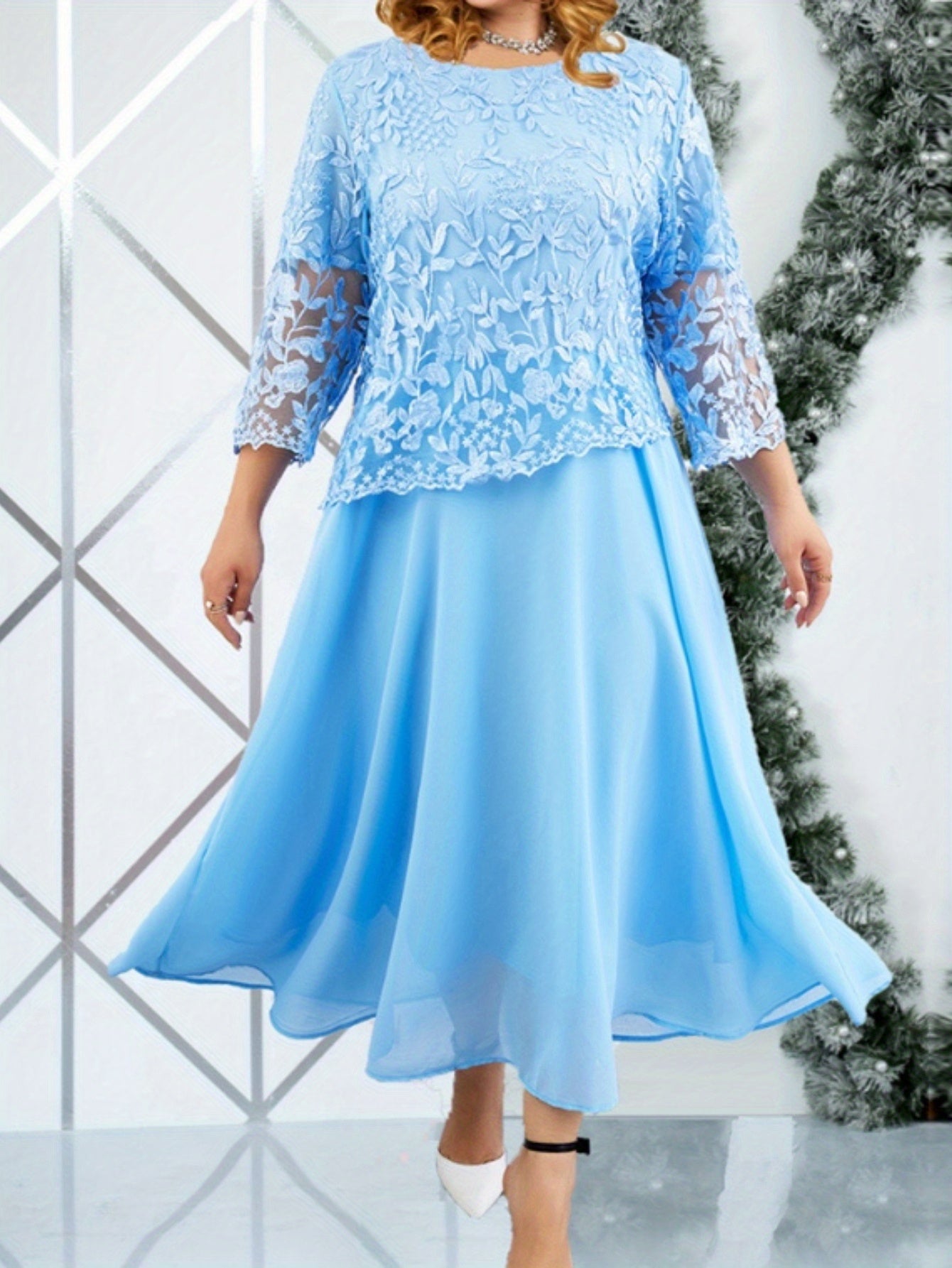Plus Size Elegant Embroidered Lace Midi Dress for Women - ./MH