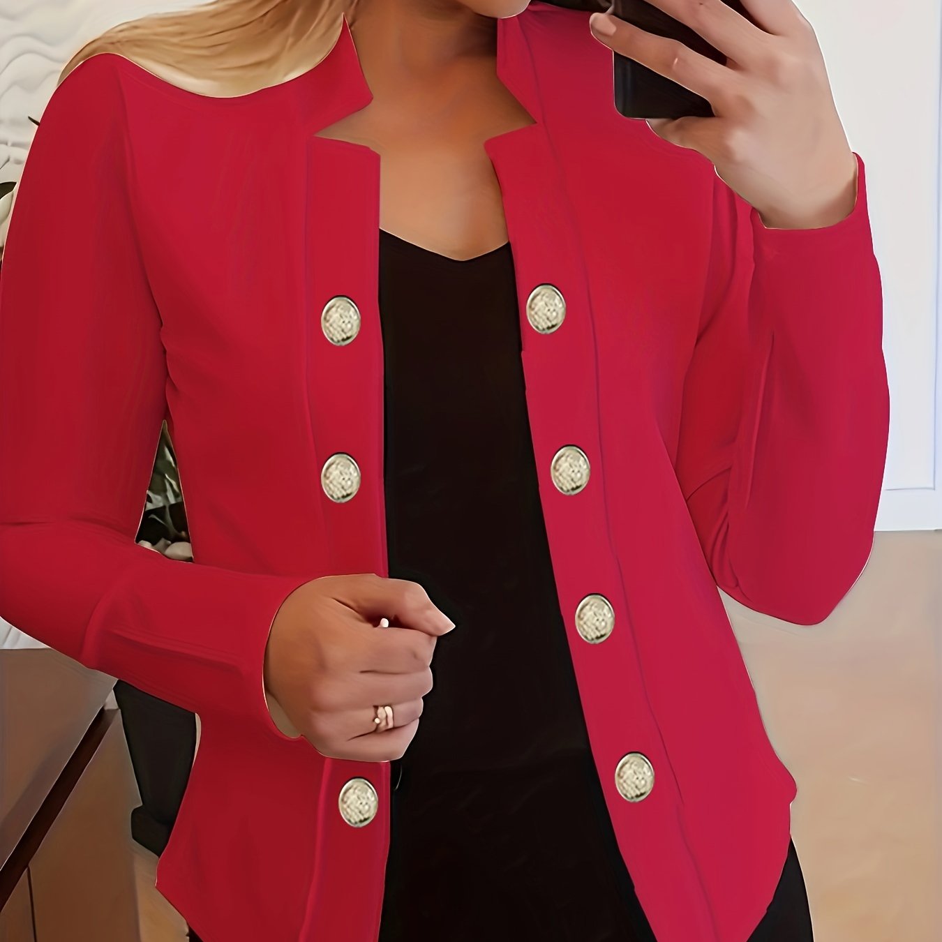 Button Decor Open Front Blazer, Casual Long Sleeve.