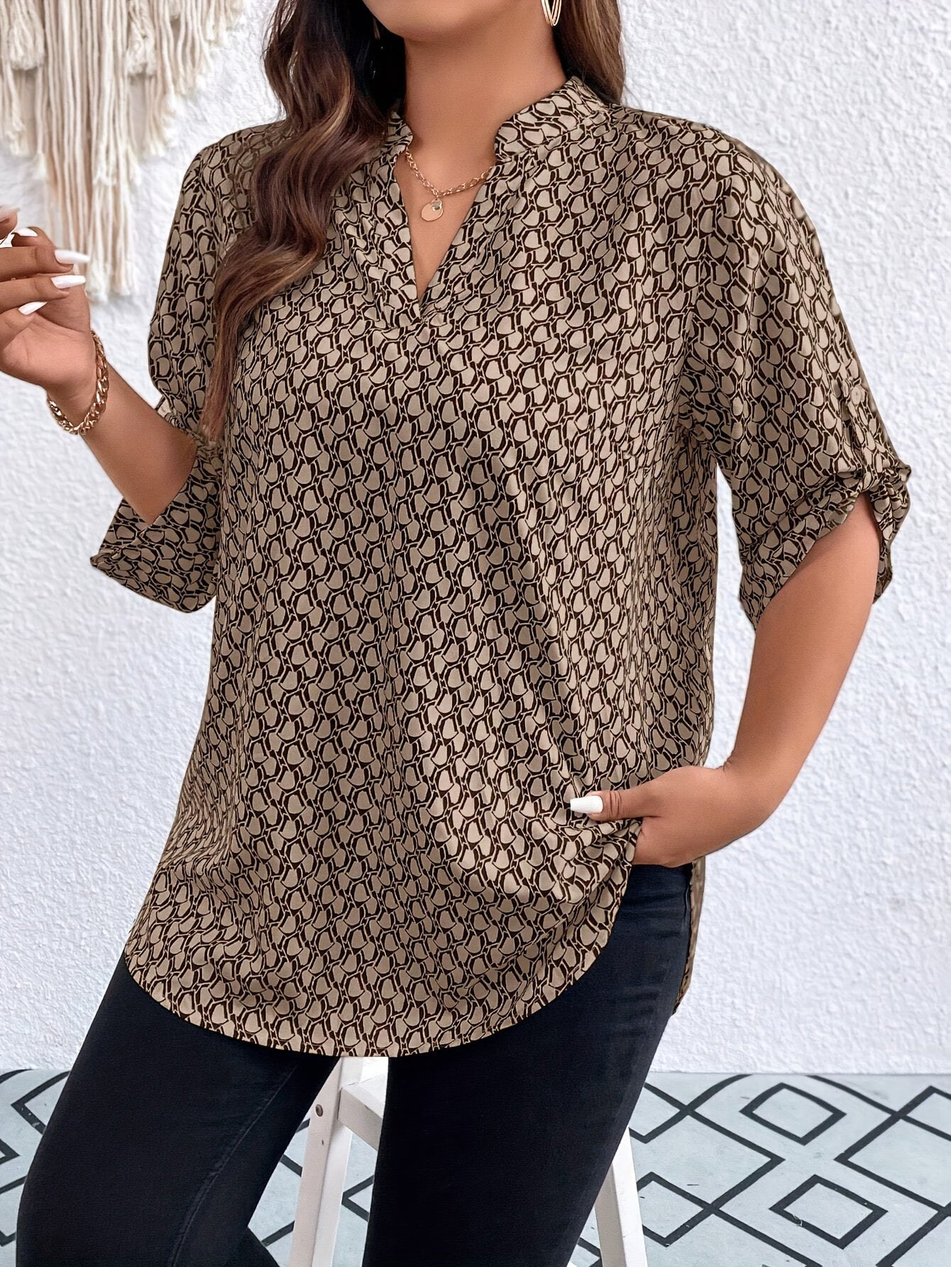 Plus Size Women's Allover Print Roll Up Sleeve Notched Neck Tunic Top Casual Blouse