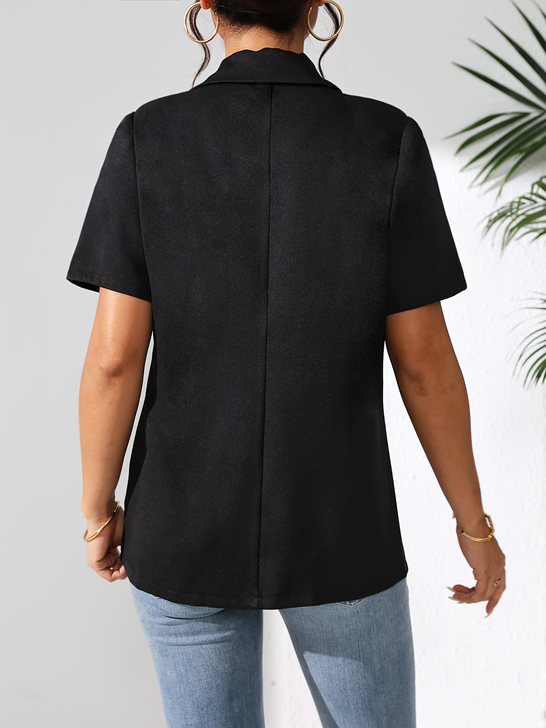 Solid Color Open Front Blazer, Elegant Lapel Short Sleeve Blazer.