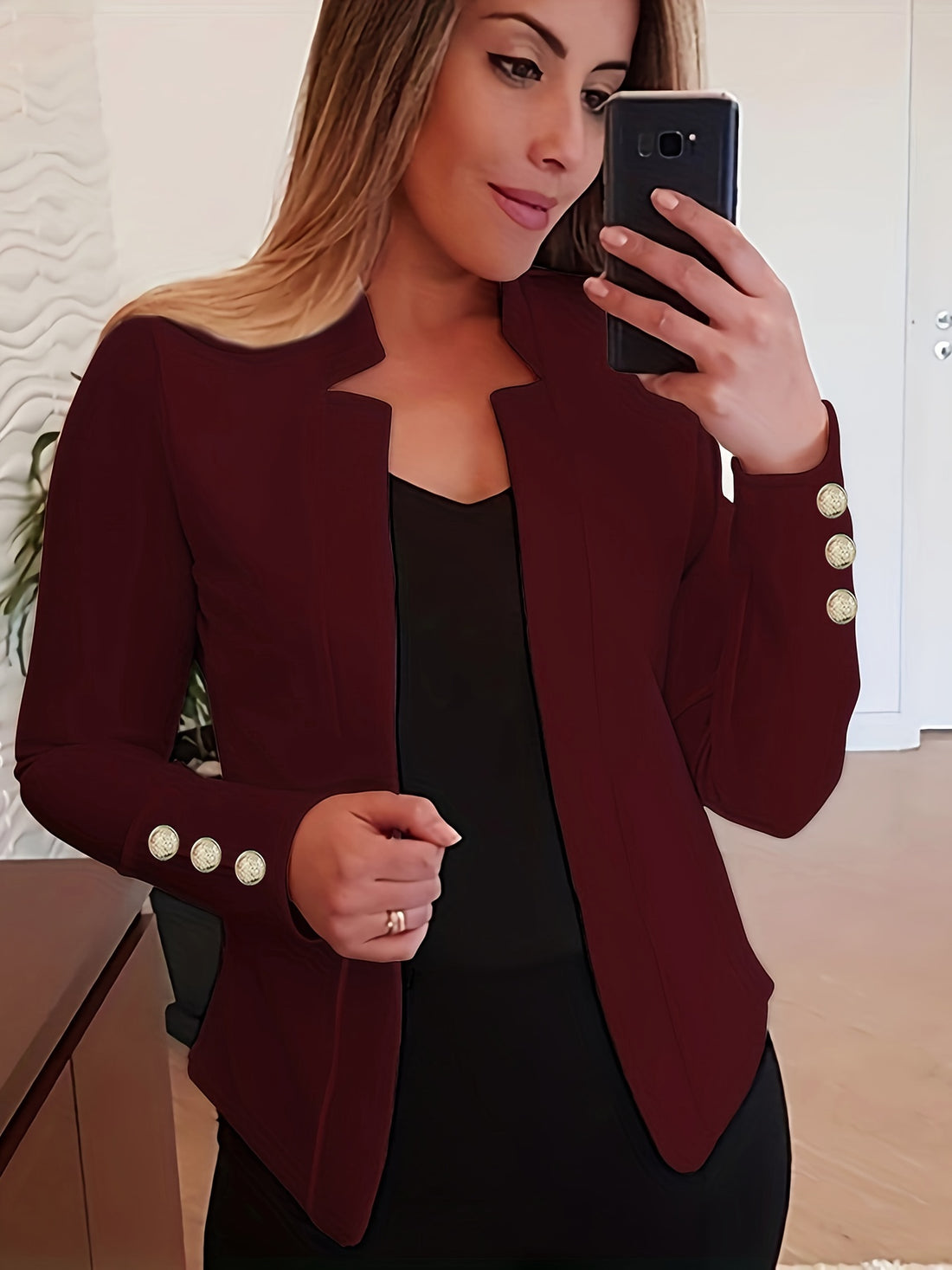 Solid Open Front Button Decor Blazer, Elegant Long Sleeve Blazer.