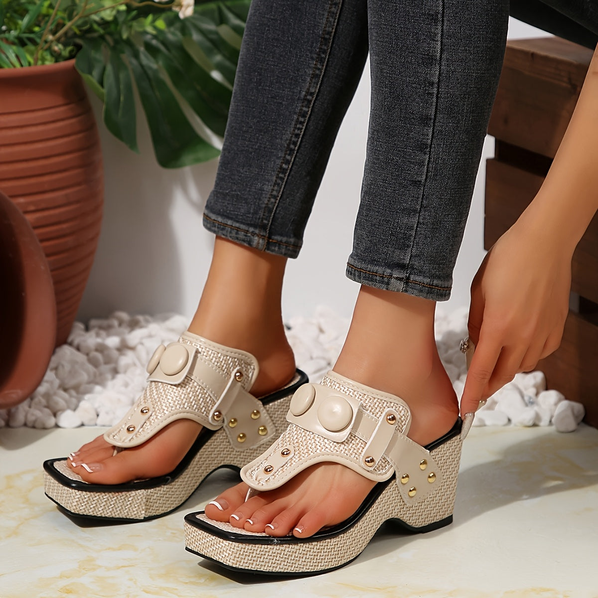 Women's Thick Platform Wedge Sandals with Metallic Studs -/MH