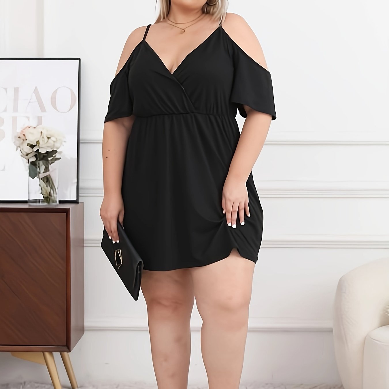 Plus Size Solid Cinched Waist Cold Shoulder Dress,/MH