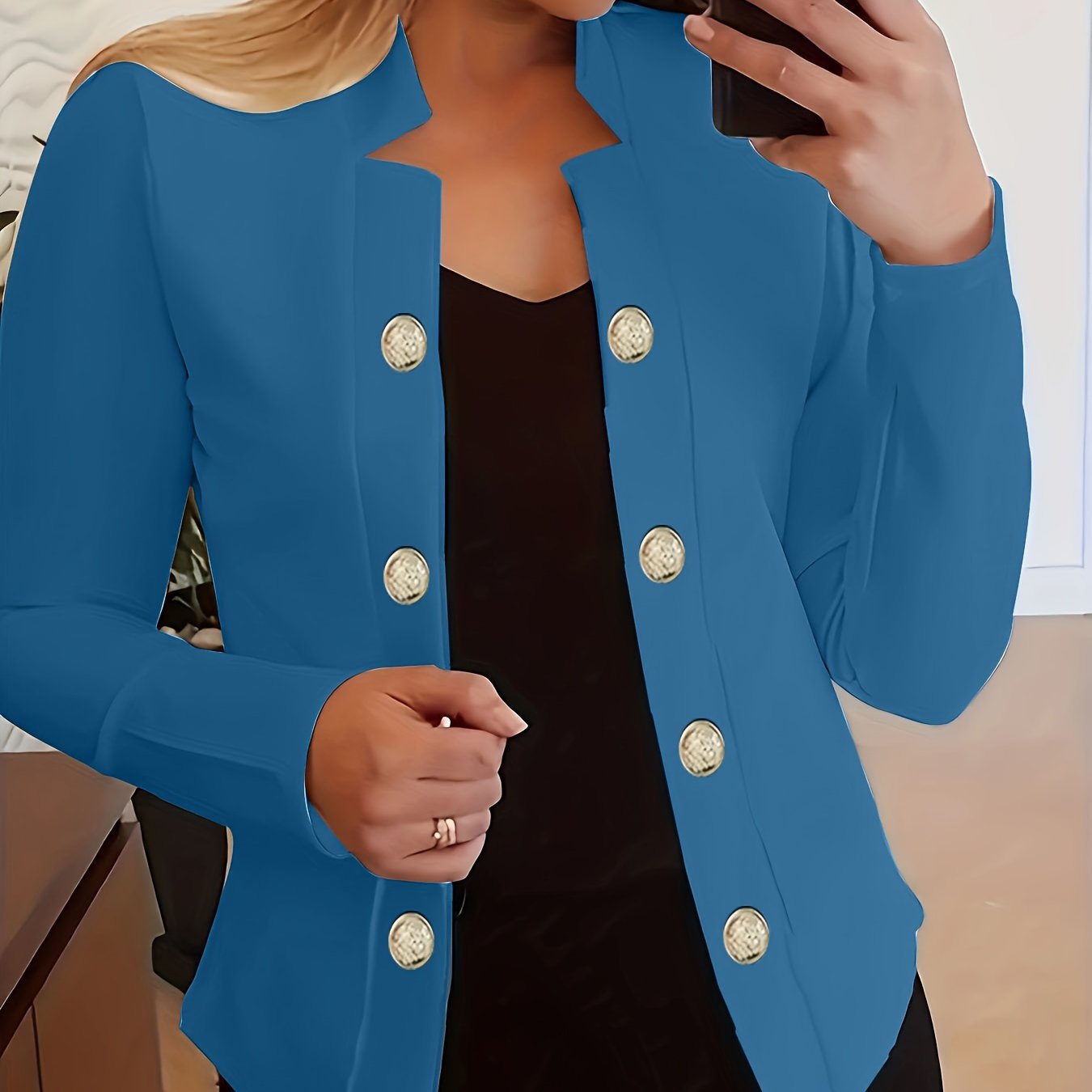 Button Decor Open Front Blazer, Casual Long Sleeve.