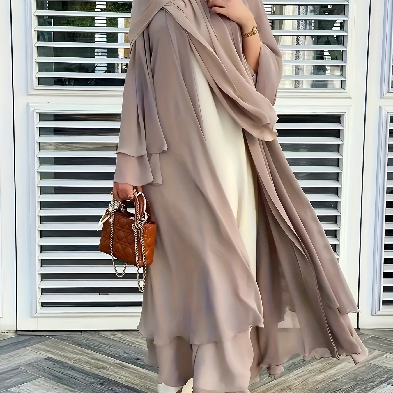 Solid Color Tie Waist Modest Dress, Elegant Layered Hem Maxi '/MH