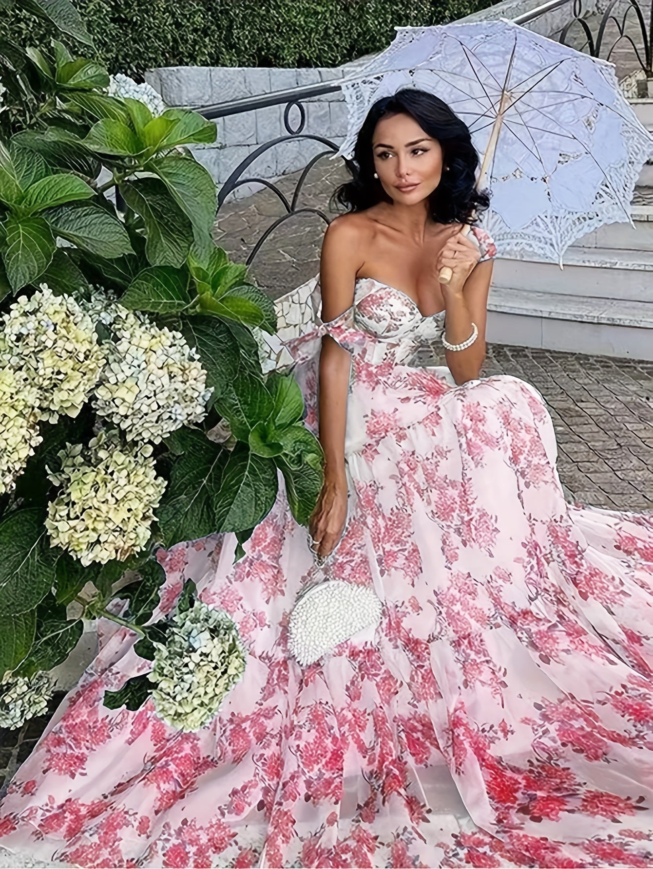 Elegant French Floral Off-Shoulder Long Dress - /MH