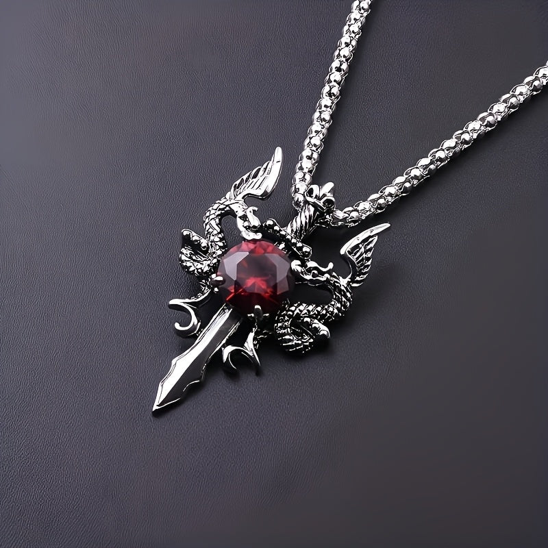 Gothic Knight Double Dragon Cross Sword Pendant Necklace .