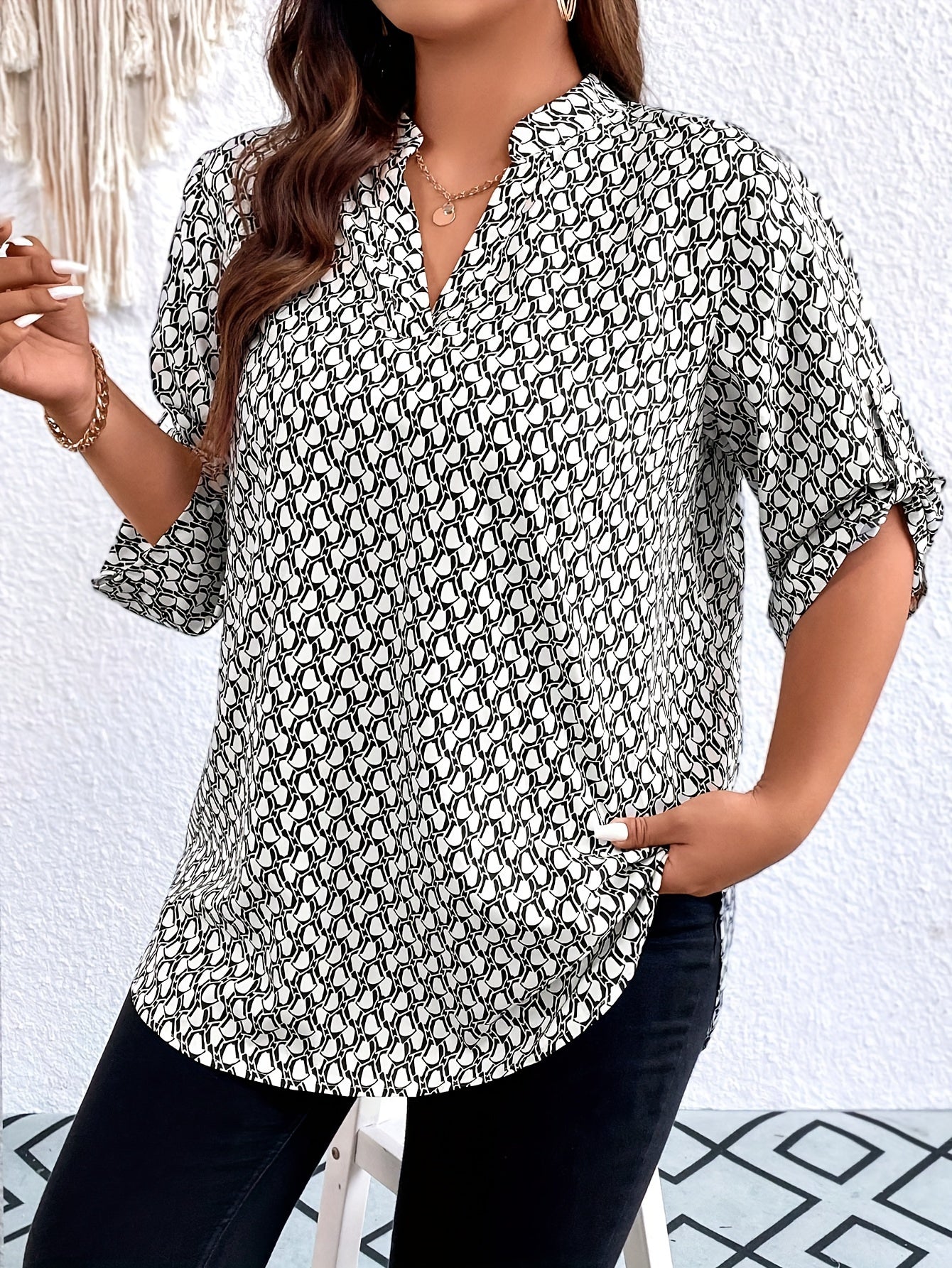Plus Size Women's Allover Print Roll Up Sleeve Notched Neck Tunic Top Casual Blouse
