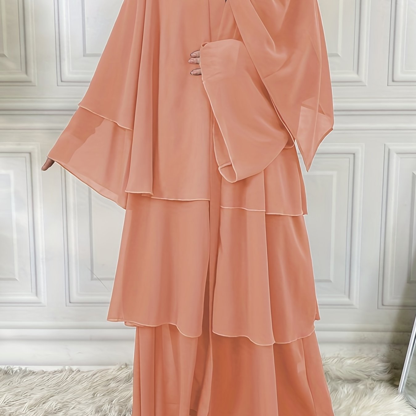 Layered Open Front Modest Dress, Long Sleeve Muslim Dress'/MH