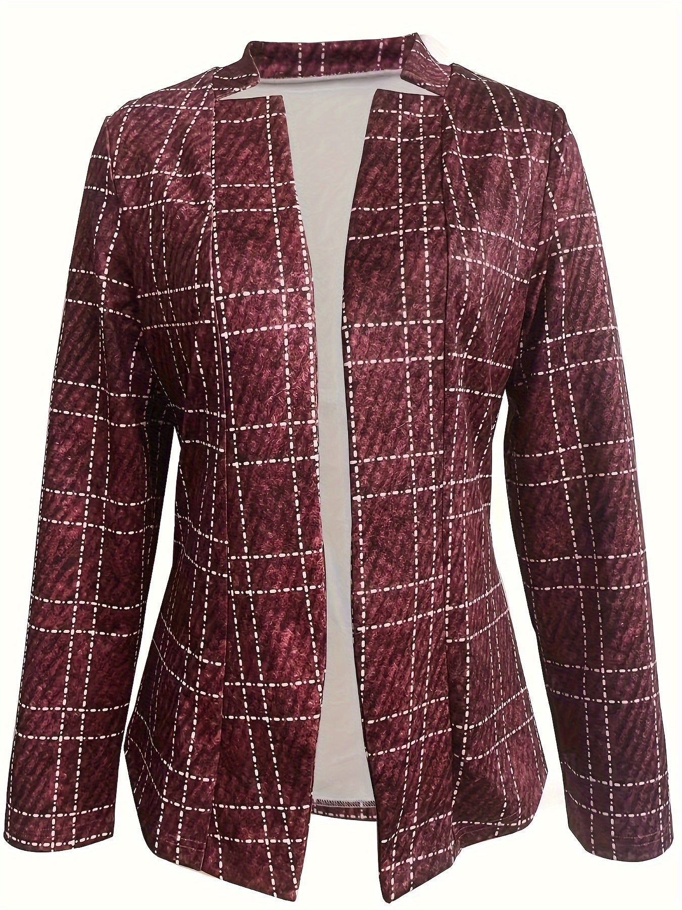 Plaid Print Open Front Blazer, Elegant Long Sleeve .